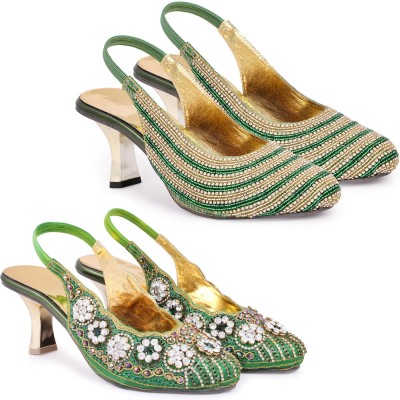 Zionk Women Heels(Green, White, Gold , 13)