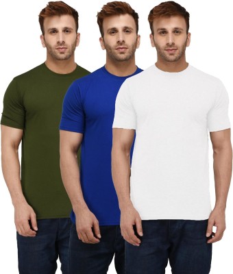 London Hills Solid Men Round Neck White, Green, Blue T-Shirt