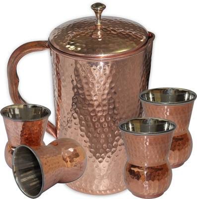 Prisha India Craft Copper Pitcher with 4 Tumblers Best Quality Drinkware Set for Ayurveda Healing Jug Glass Set(Copper)