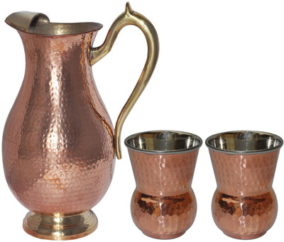 23% OFF on Prisha India Craft Drinkware Mughlai Jug with 2 Tumbler Copper Steel For Ayurveda Benefits Jug Glass Set(Copper)