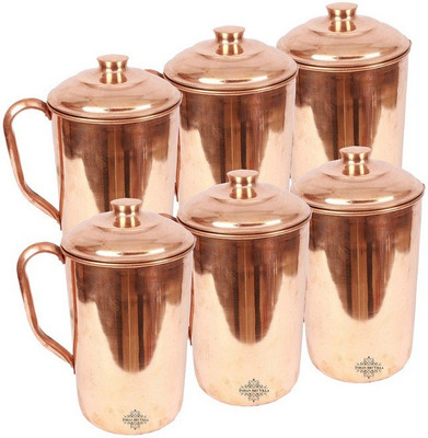 

IndianArtVilla IndianArtVilla 8.5" X 4.0" Handmade 100% Pure Copper Set of 6 Jug Pitcher Volume 1.6 Liter With Lid Storage Drinking Water for Good Health Benefits Yoga, Ayurveda Water Jug Set(1.6 L, Pack of 6)
