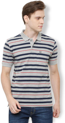 Van Heusen Striped Men Polo Neck Grey T-Shirt