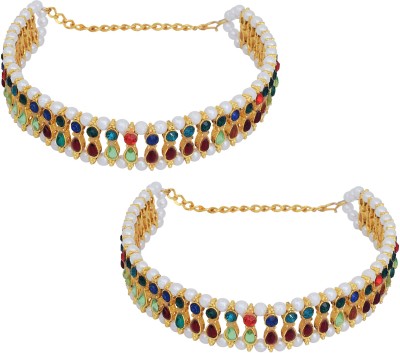 MissMister Pure Gold coating brass, Pearl and Colourful Kundan studded, broad Patta (Strap) design Brass Anklet