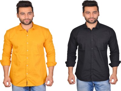 La Milano Men Solid Casual Black, Yellow Shirt(Pack of 2)