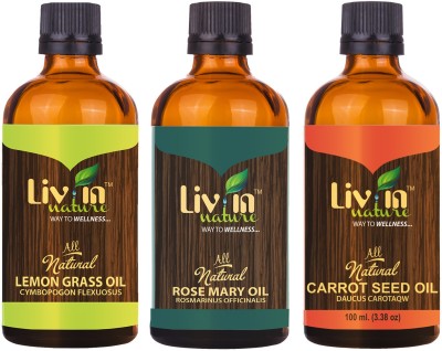 LIV IN NATURE Set of 3 Essentials Oils - Lemongrass, Rosemary, Carrotseed (100ml each)(300 ml)