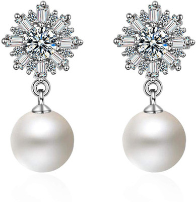 Divastri Designer Crystal Flower Pearl Silver Drop Stylish Earrings for Women and Girls Pearl Metal Drops & Danglers