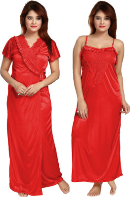 Lovira Women Nighty with Robe(Red)