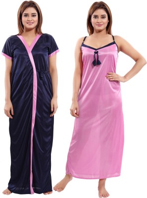 TWO DOTS Women Nighty with Robe(Pink, Dark Blue)