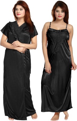 Nightify Women Nighty with Robe(Black)