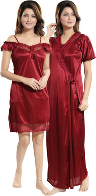 Lovira Women Nighty with Robe(Maroon)