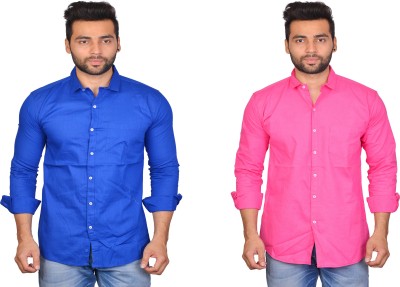 La Milano Men Solid Casual Pink, Dark Blue Shirt(Pack of 2)