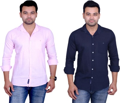 La Milano Men Solid Casual Dark Blue, Pink Shirt(Pack of 2)