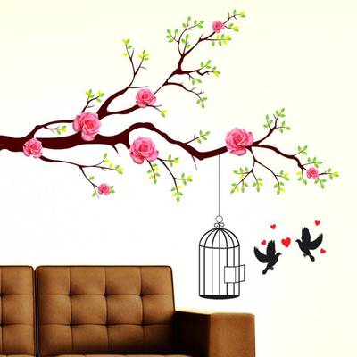 Flipkart SmartBuy Wall Stickers Rose Flower Branch & Cage Birds Couple Living Room Extra Large PVC Vinyl