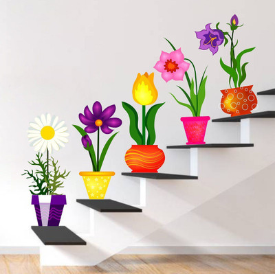 Wallzone 35 cm Colorful Flower Pot Removable Sticker(Pack of 1)