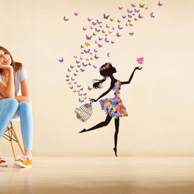 Aquire 100 cm Wall Stickers Dreamy Girl with Flying Colorful Butterflies Multicolor Self Adhesive Sticker(Pack of 1)