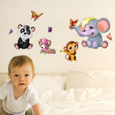 Aquire 115 cm Wall Stickers Animals Cute Side Including Butterflies Monkey Elephant For Nursery Kids Self Adhesive Sticker(Pack of 1)