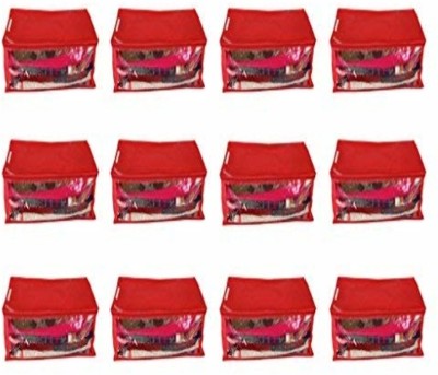 KANUSHI Storage Bag 12 Pc Transparent/Window Non Woven Fabric Saree Cover with Stainless Steel Zip Lock Combo ( Red ) SAR-01WINRED(Red)