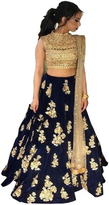 21st Fashion Embroidered Semi Stitched Lehenga Choli(Gold, Blue)