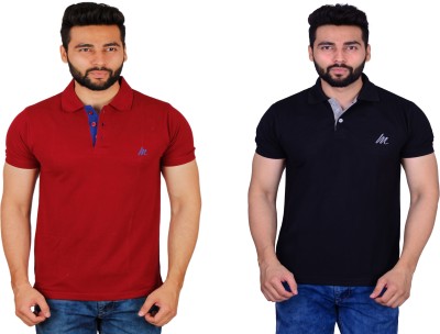 Cousin's Solid Men Polo Neck Maroon, Black T-Shirt