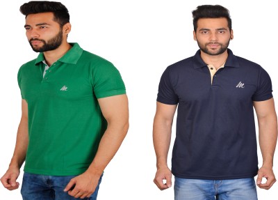 Cousin's Solid Men Polo Neck Dark Blue, Green T-Shirt