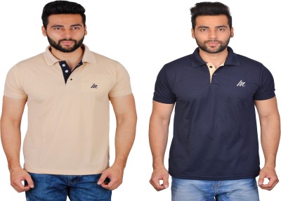 Cousin's Solid Men Polo Neck Silver, Dark Blue T-Shirt