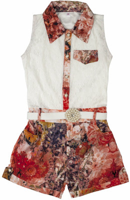 

Hunny Bunny Floral Print Girls Jumpsuit, Coral;ecru