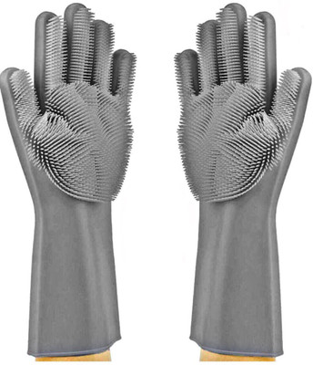 TAKKE Silicone Cleaning Gloves with Scrubber Wet and Dry Glove Set(Free Size Pack of 2)