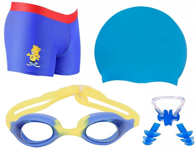 THE MORNING PLAY Swimming Costume for Kids Boys 5 To 8 Years Swimming Trunk 1 Anti Fog Goggles Cap BLUE Swimming Kit