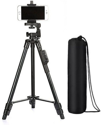 BUY SURETY Adjustable Aluminium Lightweight Camera Stand Tripod-3388 With Three-Dimensional Head & Quick Release Plate For Video Cameras and mobile clip holder & BT Remote for All Mobiles & Smartphones Tripod(Black, Supports Up to 1500 g)