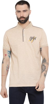 AXMANN Solid Men Mandarin Collar Beige T-Shirt