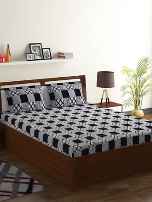 satyakunika 150 TC Microfiber Queen Checkered Flat Bedsheet(Pack of 1, Grey, blue)