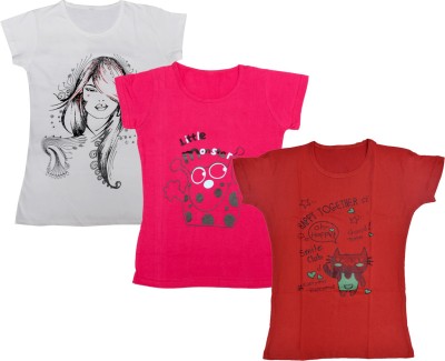 KAVYA Girls Printed Cotton Blend T Shirt(Red, Pack of 3)