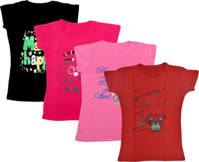 Indistar Girls Printed Cotton Blend Regular T Shirt(Red, Pack of 4)