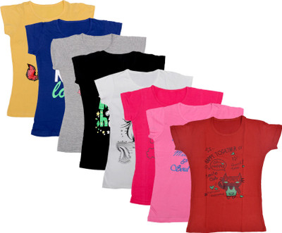 Indistar Girls Printed Cotton Blend Regular T Shirt(Red, Pack of 8)