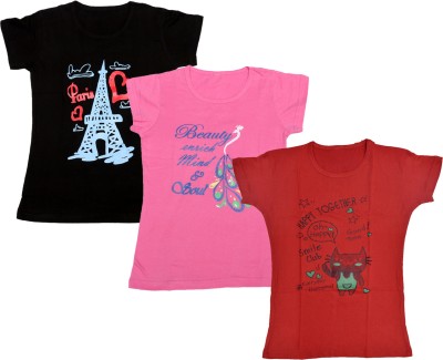 KAVYA Girls Printed Cotton Blend T Shirt(Red, Pack of 3)