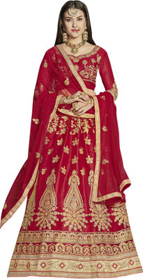 manvaa Embroidered Semi Stitched Lehenga Choli(Red, Gold)