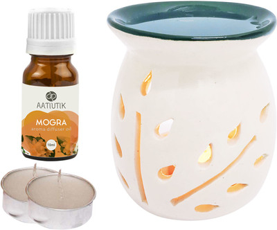 Aatiutik Mogra Aroma Oil with Ceramic Tlight Home Fragracne Air Freshener Aroma Diffuser Set AT-TOPBLACKDIFF-2TL-MOG(4 x 2.5 ml)