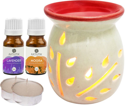 Aatiutik Lavender, Mogra Aroma Oil with Ceramic Tlight Home Fragracne Air Freshener Aroma Diffuser Set AT-TOPREDDIFF-2TL-LV-MOG(5 x 4 ml)