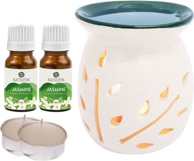 Aatiutik Jasmine Aroma Oil with Ceramic Tlight Home Fragracne Air Freshener Aroma Diffuser Set AT-TOPBLACKDIFF-2TL-2JAS(5 x 4 ml)