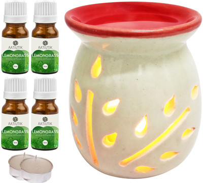 Aatiutik Lemongrass Aroma Oil with Ceramic Tlight Home Fragracne Air Freshener Aroma Diffuser Set AT-TOPREDDIFF-2TL-4(7 x 5.71 ml)