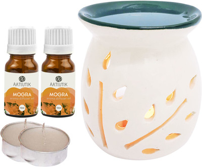 Aatiutik Mogra Aroma Oil with Ceramic Tlight Home Fragracne Air Freshener Aroma Diffuser Set AT-TOPBLACKDIFF-2TL-2MOG(5 x 4 ml)