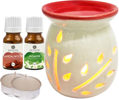 Aatiutik Jasmine Aroma Oil with Ceramic Tlight Home Fragracne Air Freshener Aroma, Sandalwood Diffuser Set AT-TOPREDDIFF-2TL-SW-JAS(5 x 4 ml)