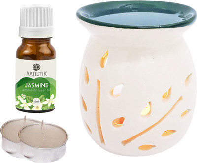 Aatiutik Jasmine Aroma Oil with Ceramic Tlight Home Fragracne Air Freshener Aroma Diffuser Set AT-TOPBLACKDIFF-2TL-JAS(4 x 2.5 ml)