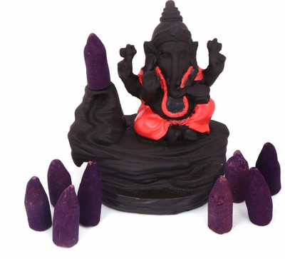 Gaura Art & Crafts GAC Ganesh Fountain Smoke Backflow Cone Incense Holder with 10 Smoke Incenses (RED) Polyresin Incense Holder(Multicolor)