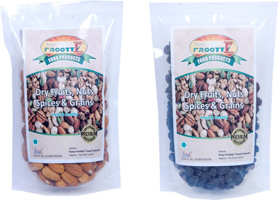 FLUXYFROOTTR ALMOND NUTS AND BLACK RAISINS FRUIT | PREMIUM (COMBO) | DRY-FRUITS (Pack of 2) 250 GM EACH BLACK Raisins, Almonds(500 g, Pouch)