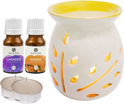 Aatiutik Lavender, Mogra Aroma Oil with Ceramic Tlight Home Fragracne Air Freshener Aroma Diffuser Set AT-TOPYELLOWDIFF-2TL-LV-MOG(5 x 4 ml)