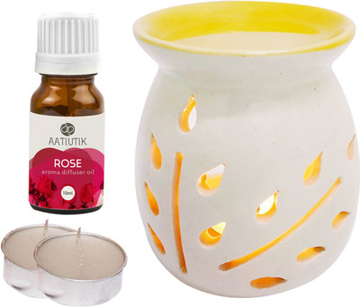 Aatiutik Rose Aroma Oil with Ceramic Tlight Home Fragracne Air Freshener Aroma Diffuser Set AT-TOPYELLOWDIFF-2TL-RS(4 x 2.5 ml)