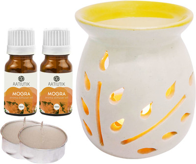 Aatiutik Mogra Aroma Oil with Ceramic Tlight Home Fragracne Air Freshener Aroma Diffuser Set AT-TOPYELLOWDIFF-2TL-2MOG(5 x 4 ml)