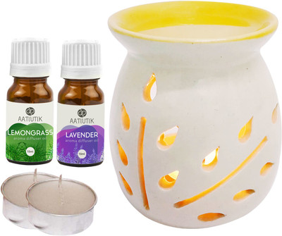 Aatiutik Mogra, Lavender Aroma Oil with Ceramic Tlight Home Fragracne Air Freshener Aroma Diffuser Set AT-TOPYELLOWDIFF-2TL-MOG-LV(5 x 4 ml)