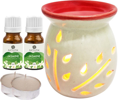 Aatiutik Jasmine Aroma Oil with Ceramic Tlight Home Fragracne Air Freshener Aroma Diffuser Set AT-TOPREDDIFF-2TL-2JAS(5 x 4 ml)